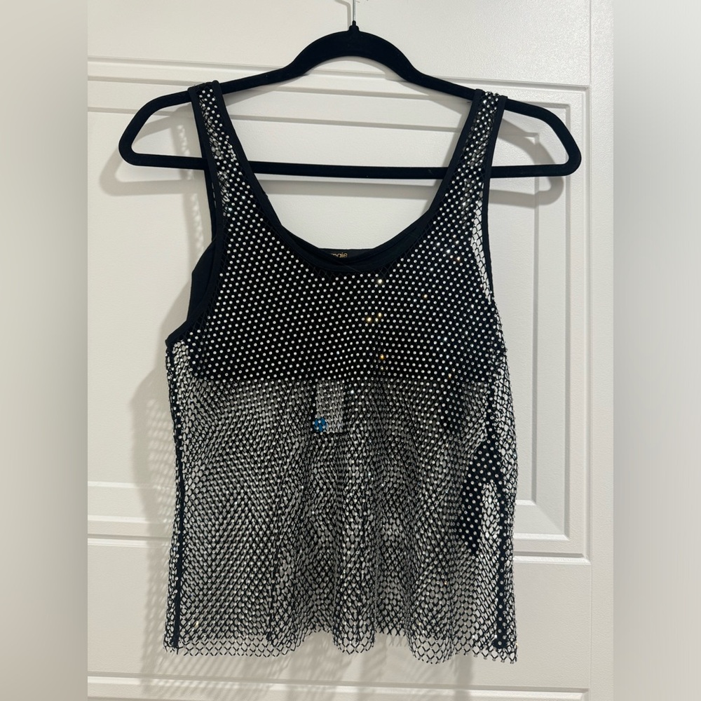 Maje Black Mesh Top with Silver Accents
